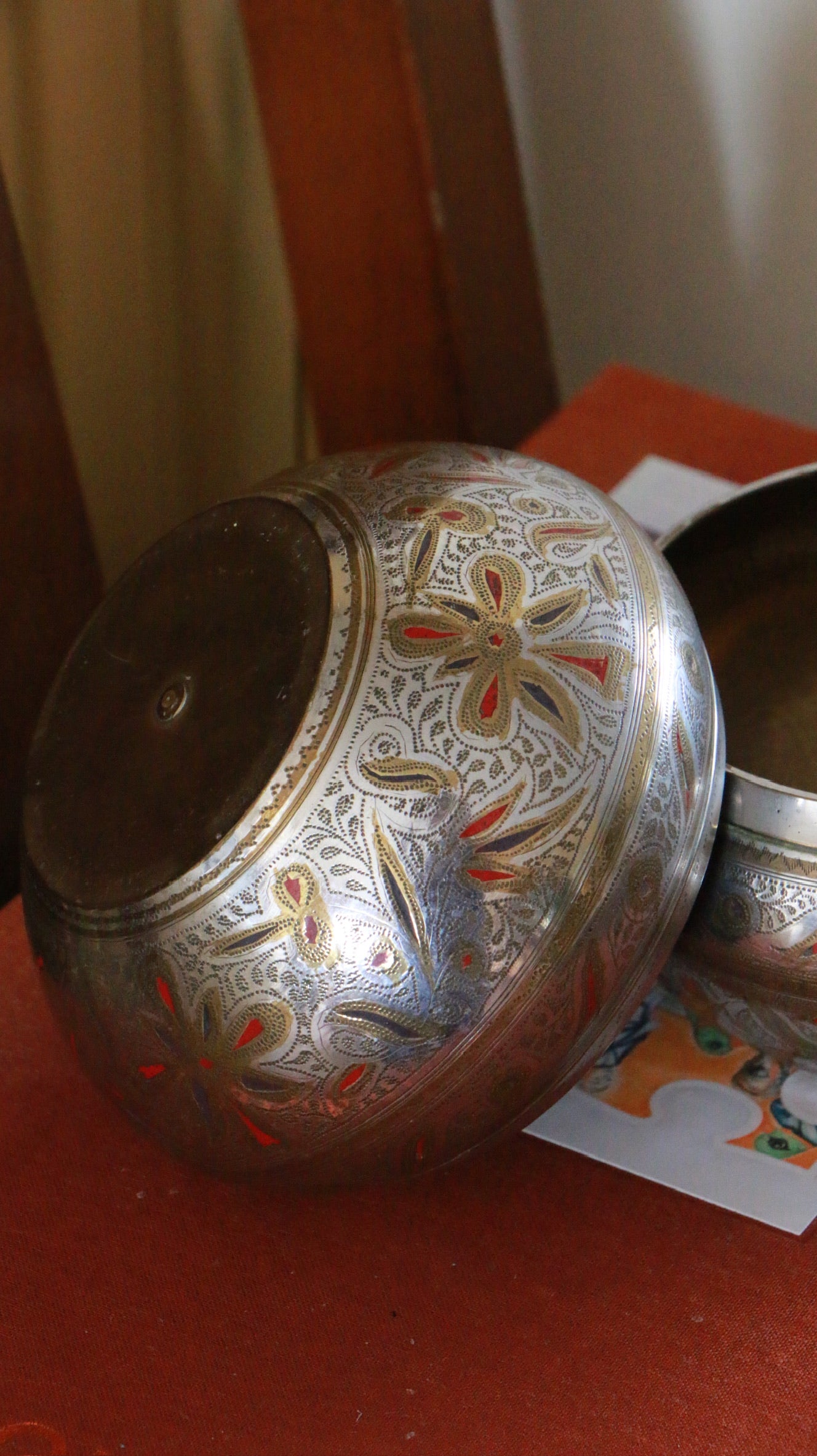 2x Vintage Hand‑Engraved Indian Brass Bowl