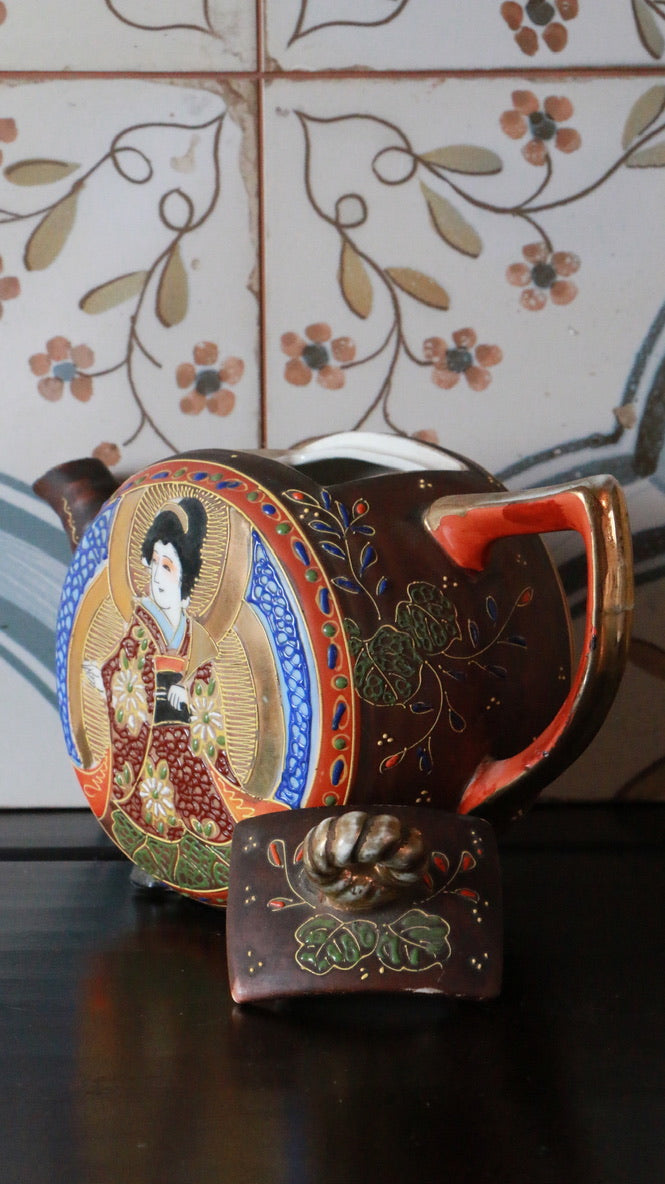 Antique Oriental Hand Painted Satsuma Ceramic Tea Pot