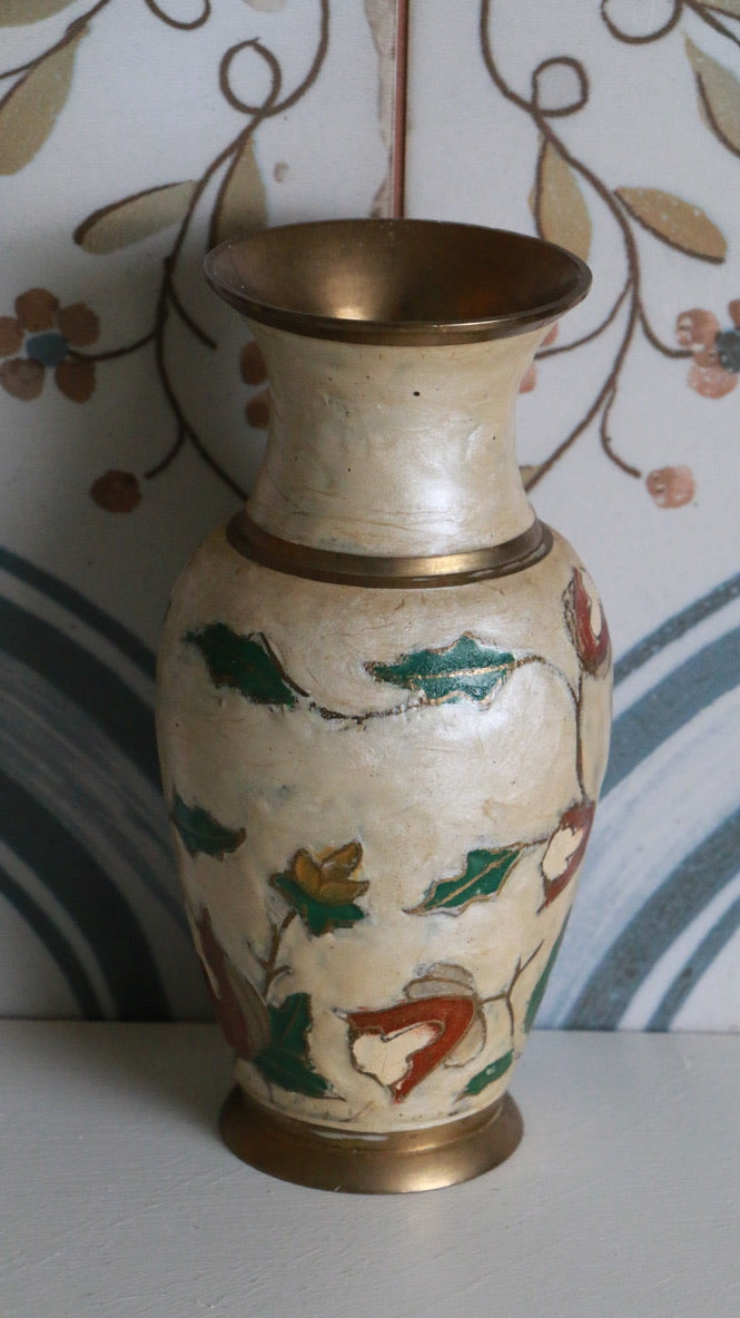 Vintage Brass Vase with Enamel Floral Design