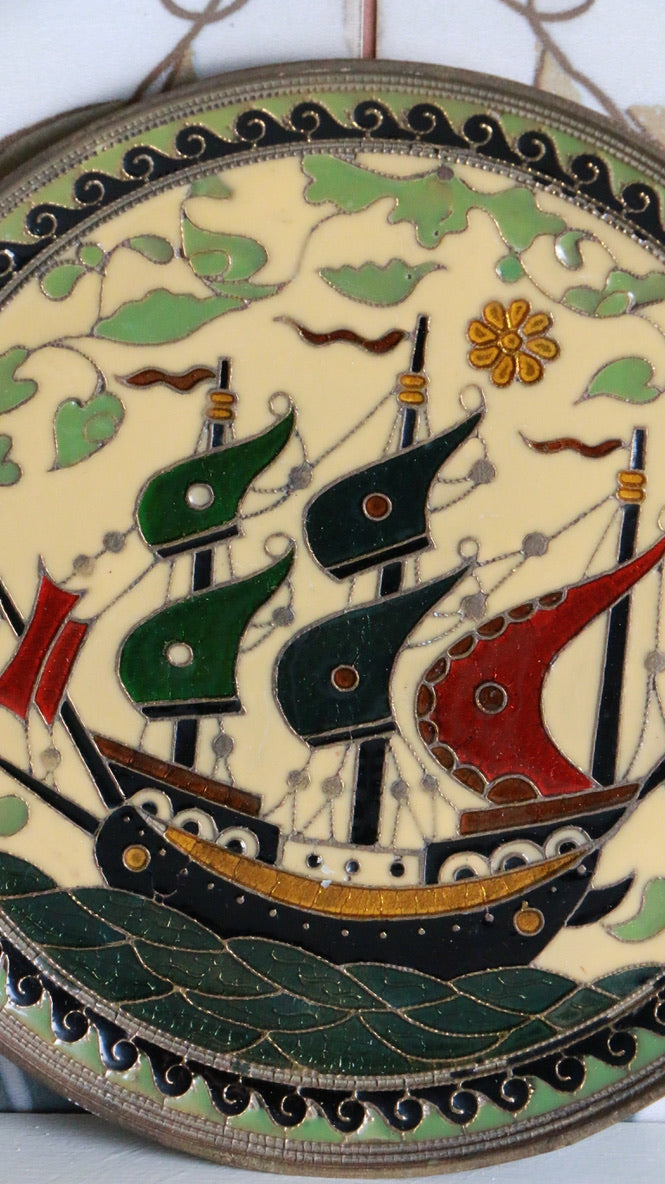 Vintage Cloisonné Wall Plate Ship Motif