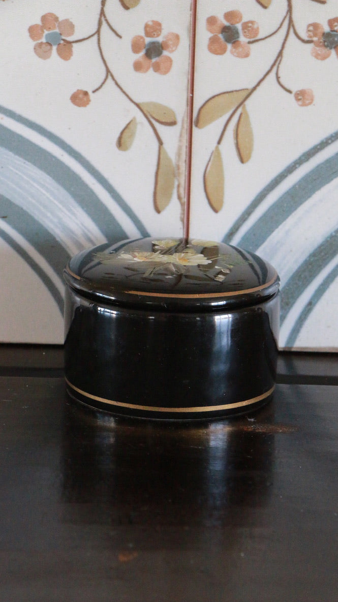 Antique Portugal Hand Painted Floral Black Porcelain Trinket Box