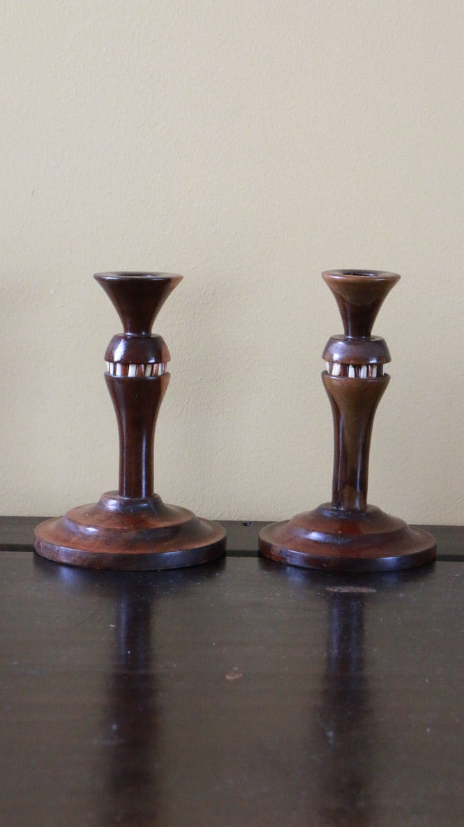 RARE Handcrafted Wooden & Porcupine Quill Inlay Candleholders – Pair