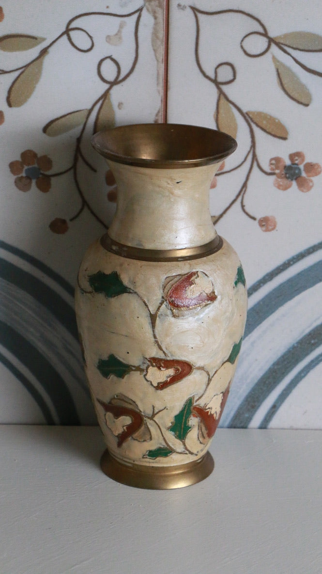 Vintage Brass Vase with Enamel Floral Design