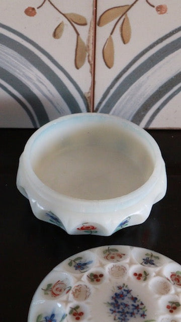 1950s Antique Opaline Jewelry Box with Hand-Painted Floral Motifs
