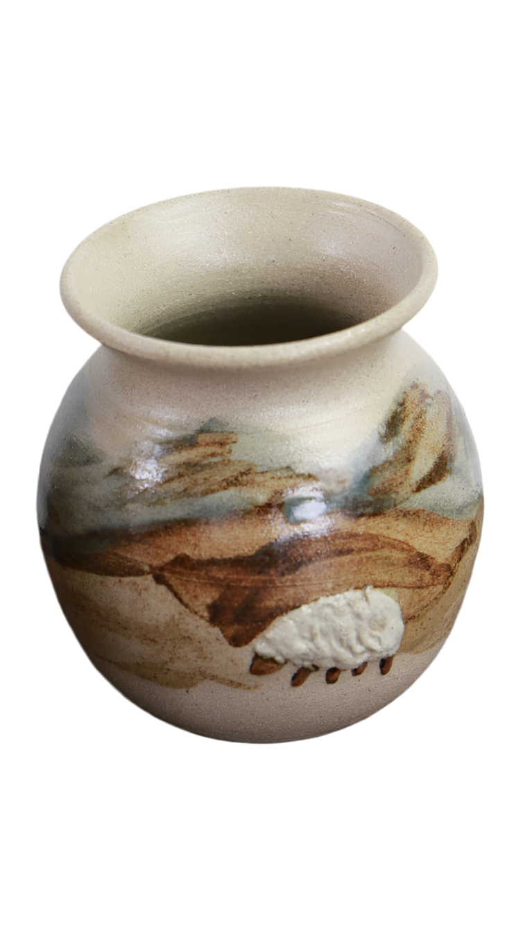 Vintage Arran Pottery Stoneware Vases – “Mountains & Sheep Landscape” (Pair)