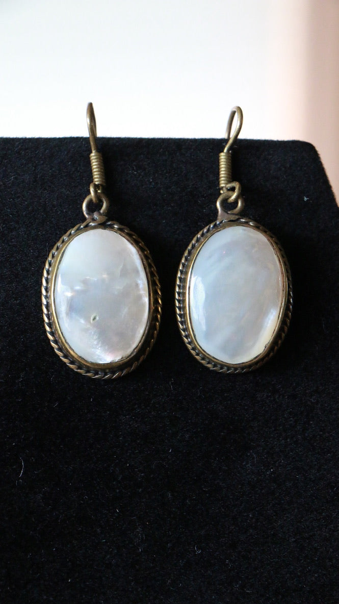 Vintage Brass Ornate Mother of Pearl Drop Earrings