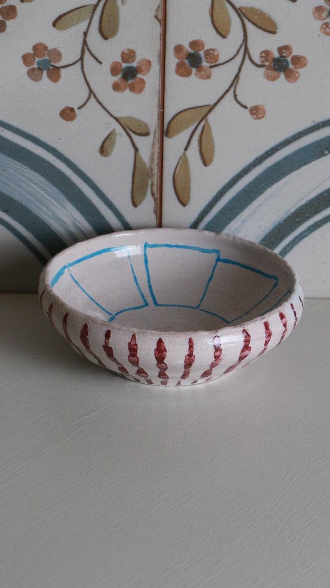 Handmade NB Signed Pottery Bowl with Red and Blue Design