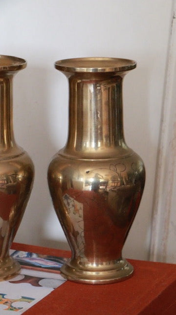 Pair of Vintage Brass Vases with Floral Etching