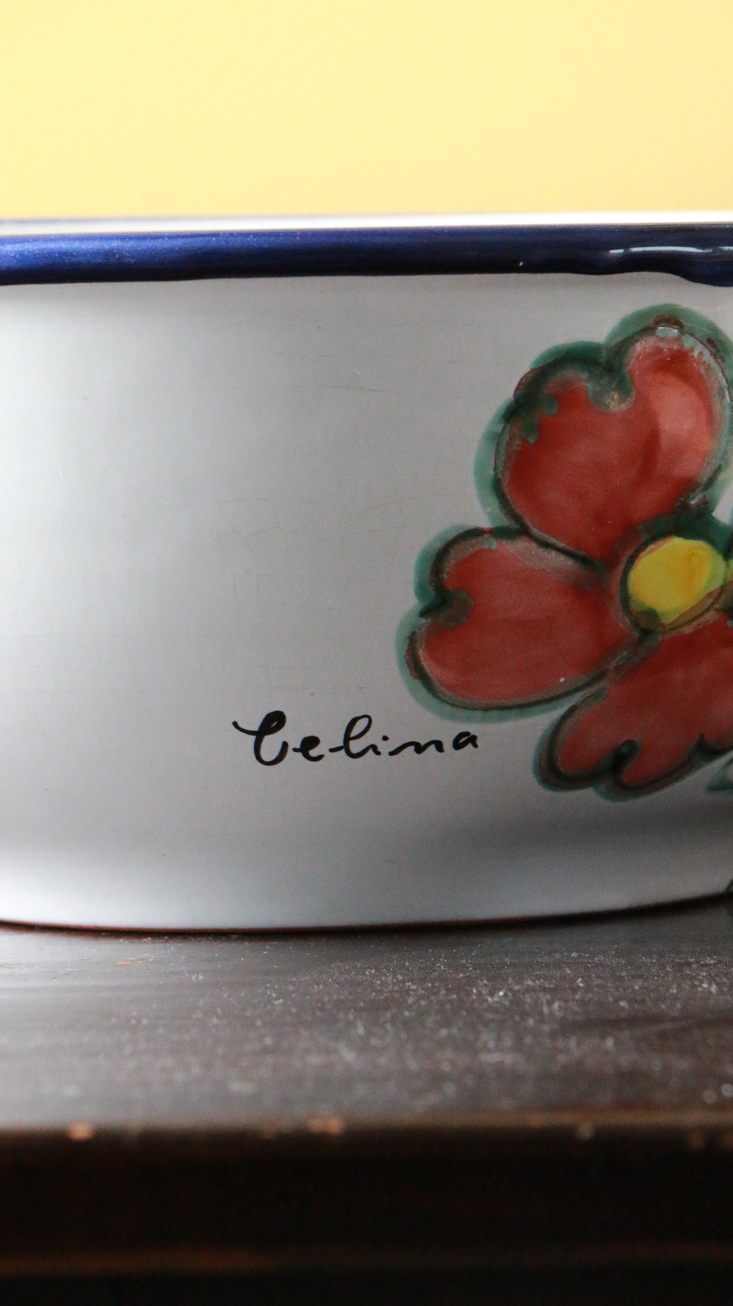 Vintage Hand-Painted Ceramic Bowl Signed "Celina" – Floral & Grape Motif