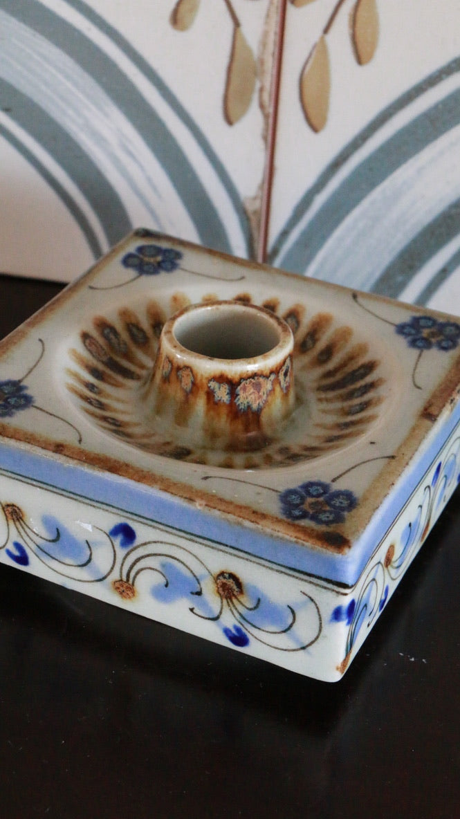 El Palomar Ken Edwards Mexican Pottery Blue Floral Swirls Square Candleholder