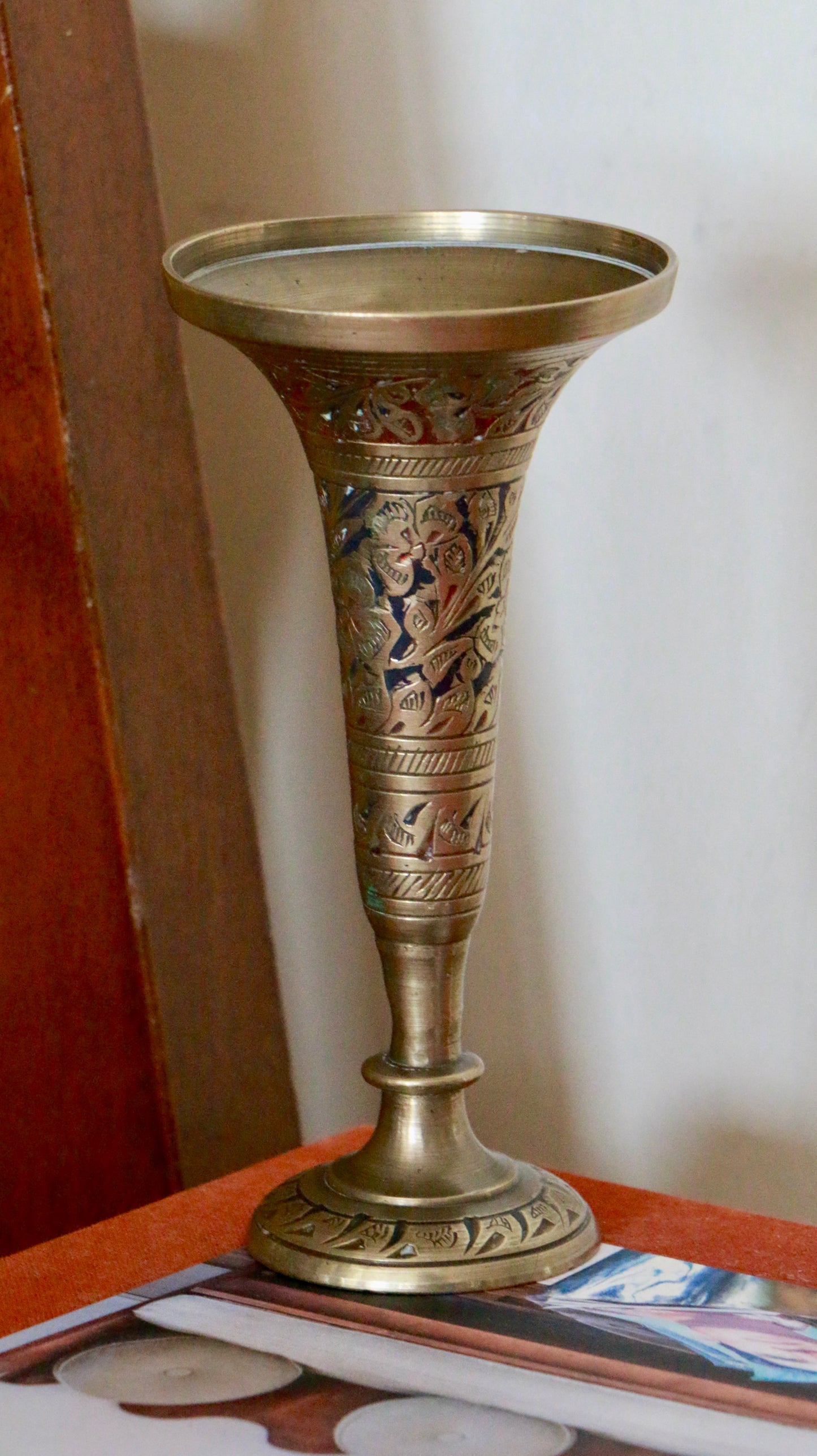 Vintage Etched Brass Bud Vase