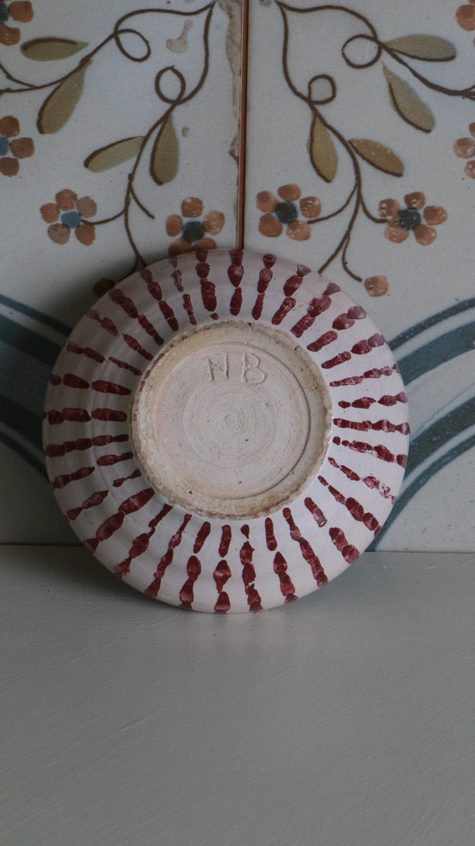 Handmade NB Signed Pottery Bowl with Red and Blue Design