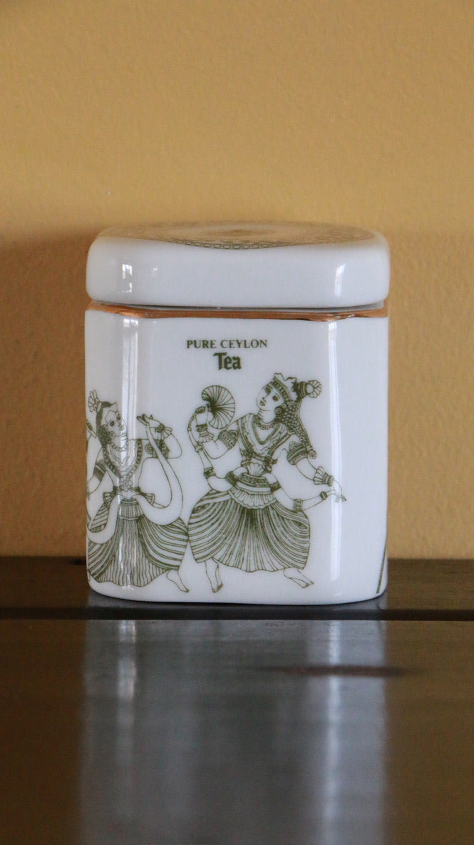 Vintage Mlesna White & Green Porcelain Lidded Pure Ceylon Tea Jar - Sri Lanka