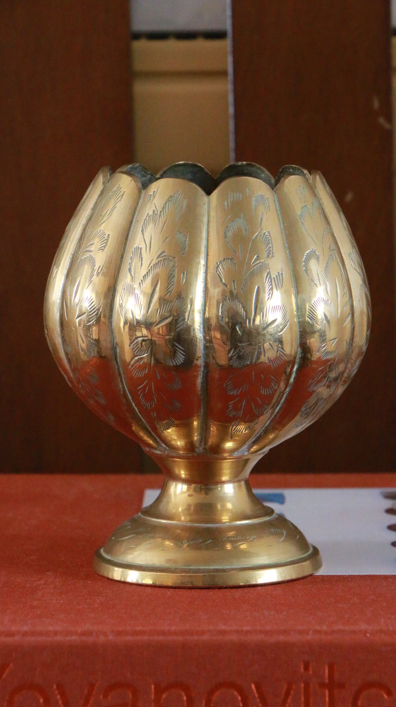 Vintage Brass Lotus Shaped Etched Vase