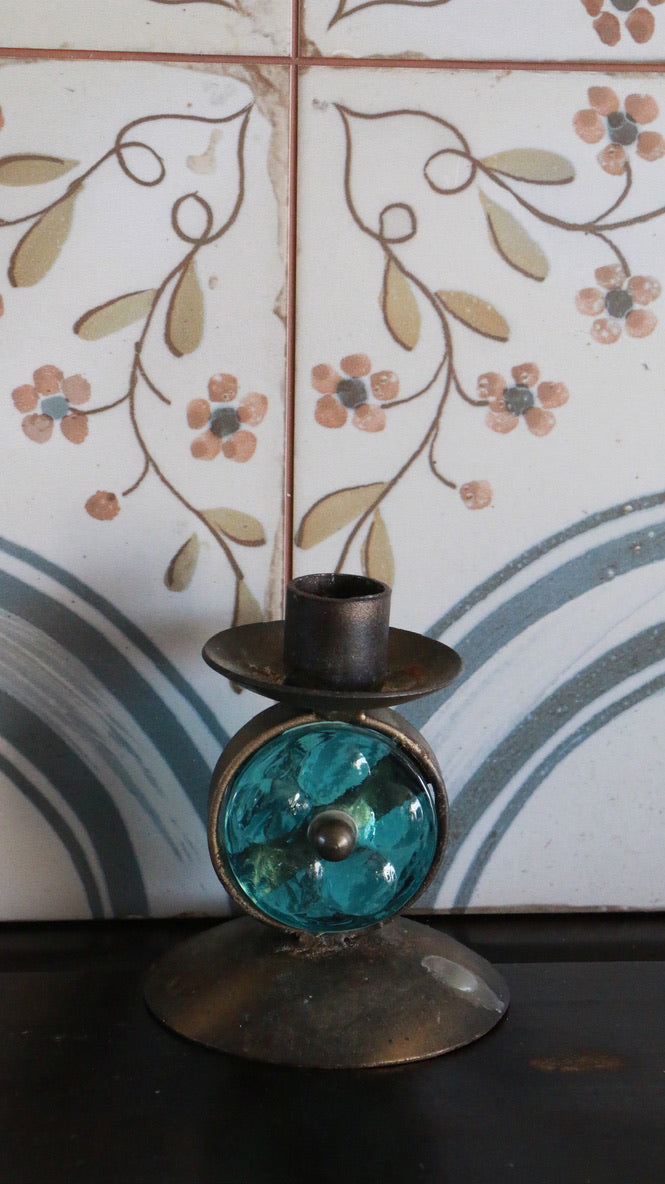 Vintage MCM Bronze Metal with Aqua Glass Candle Holder
