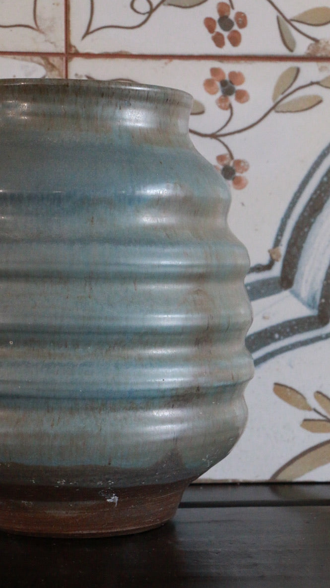 Vintage Light Blue Ribbed Ceramic Vase Priory Hand Made in Ireland