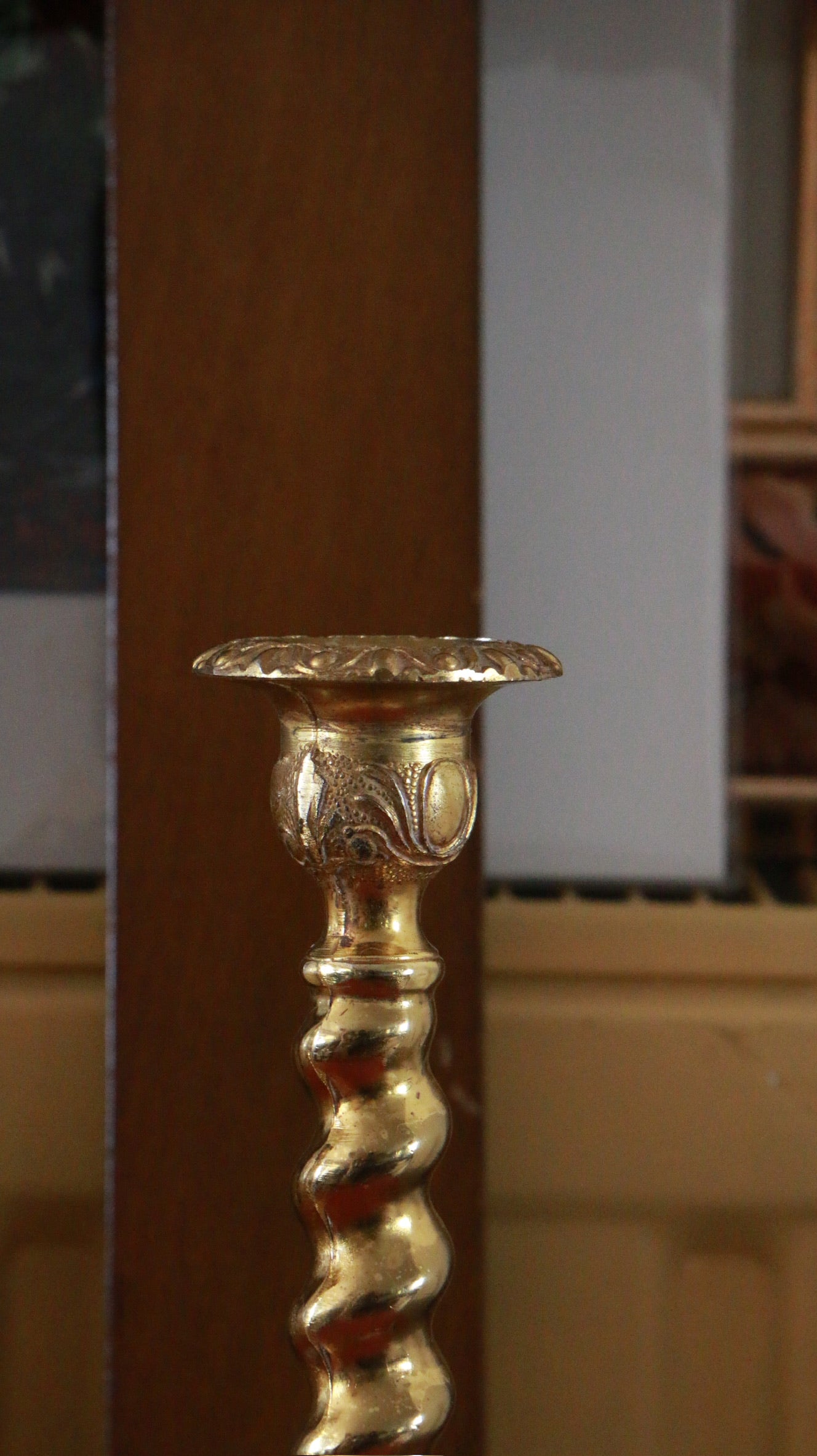 Pair of Vintage Brass Barley Twist Candlesticks – Ornate Embossed Base