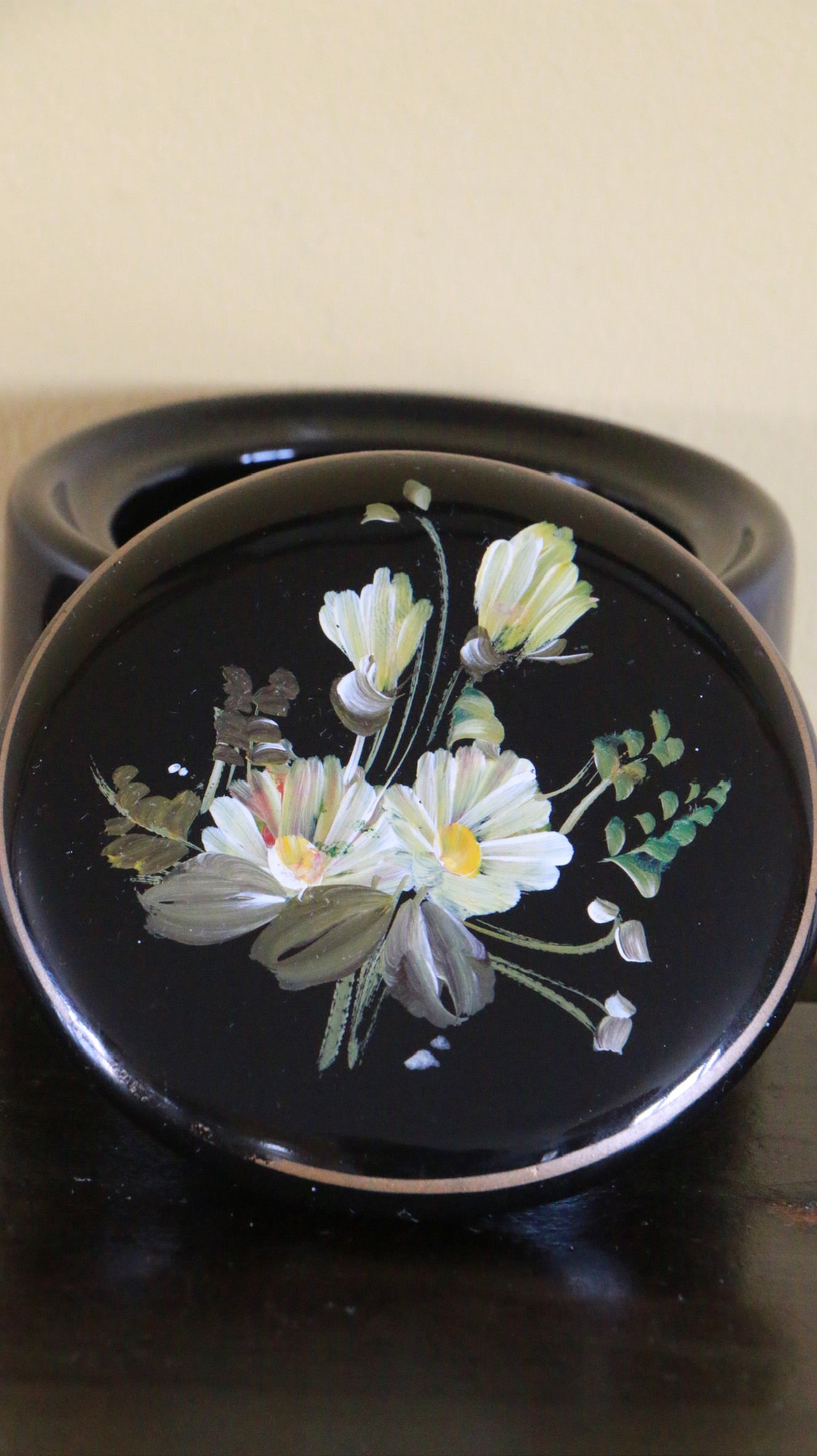 Antique Portugal Hand Painted Floral Black Porcelain Trinket Box