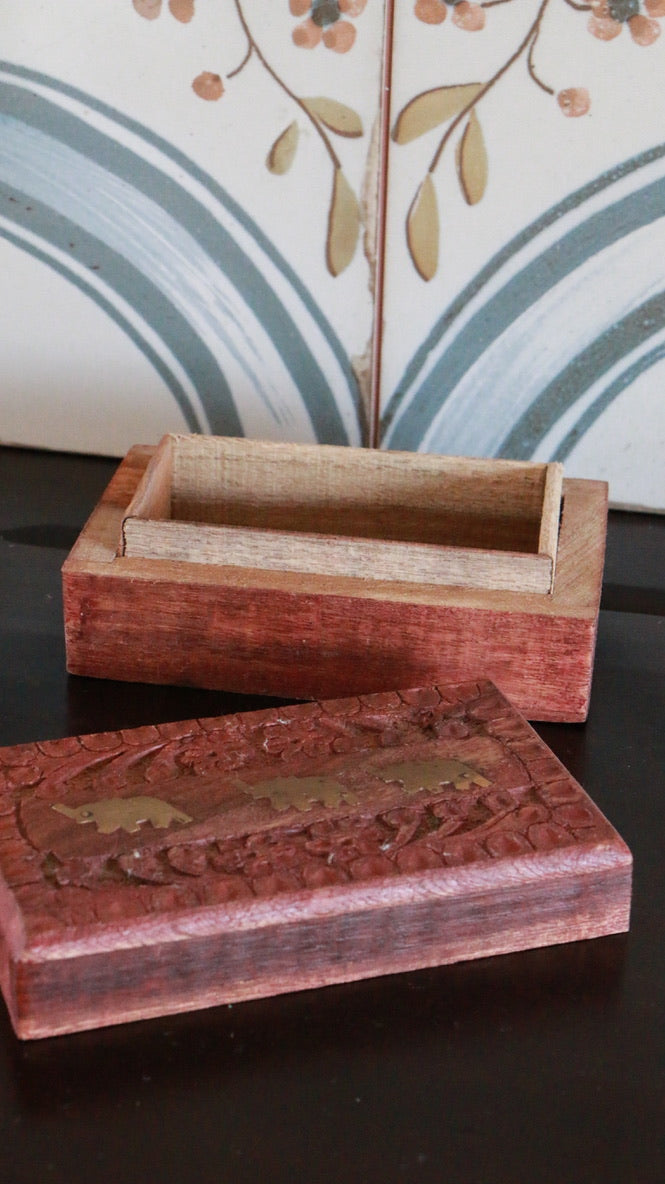 Handcrafted Wooden Box with Brass Elephant Inlays