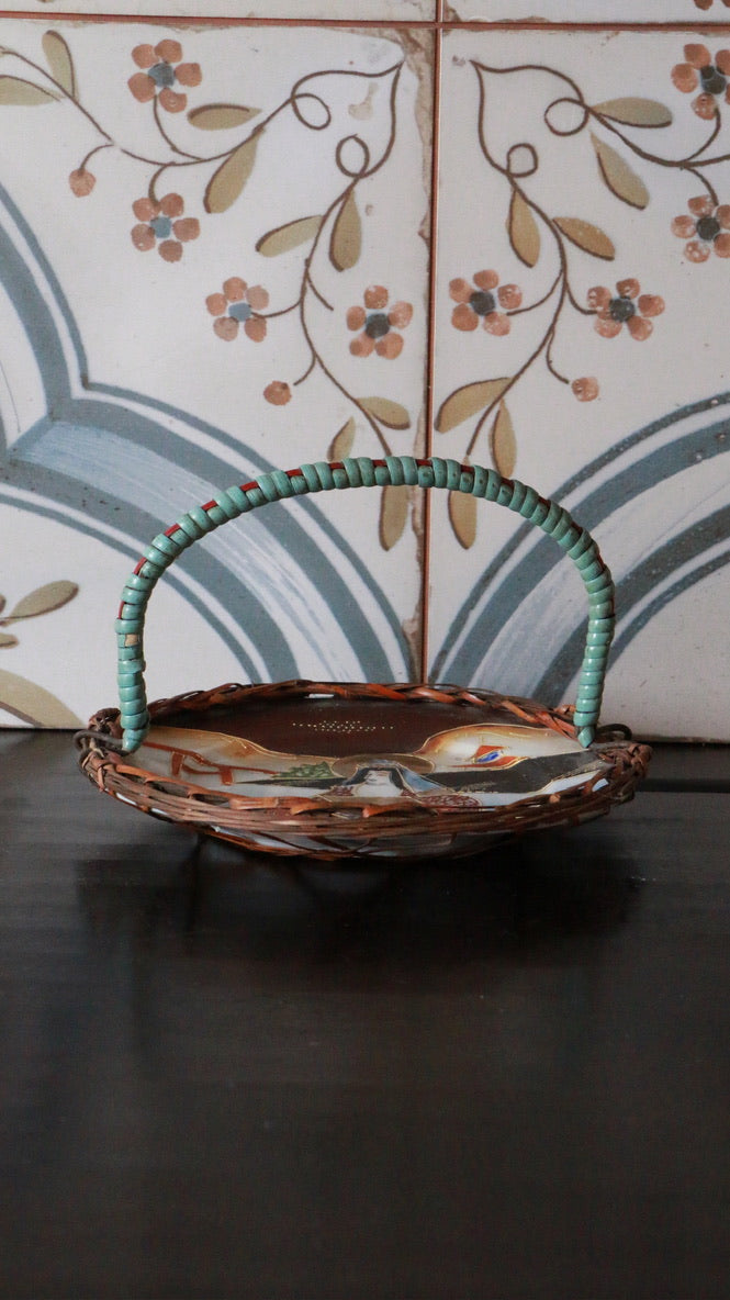 Rare Antique Japanese Satsuma Handled Bowl/Basket with Geisha & Torii Gate Design