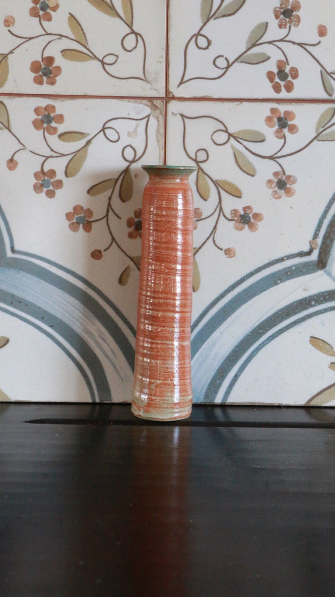 Tall Spiral Rust & Green Pottery Vase Signed Ros