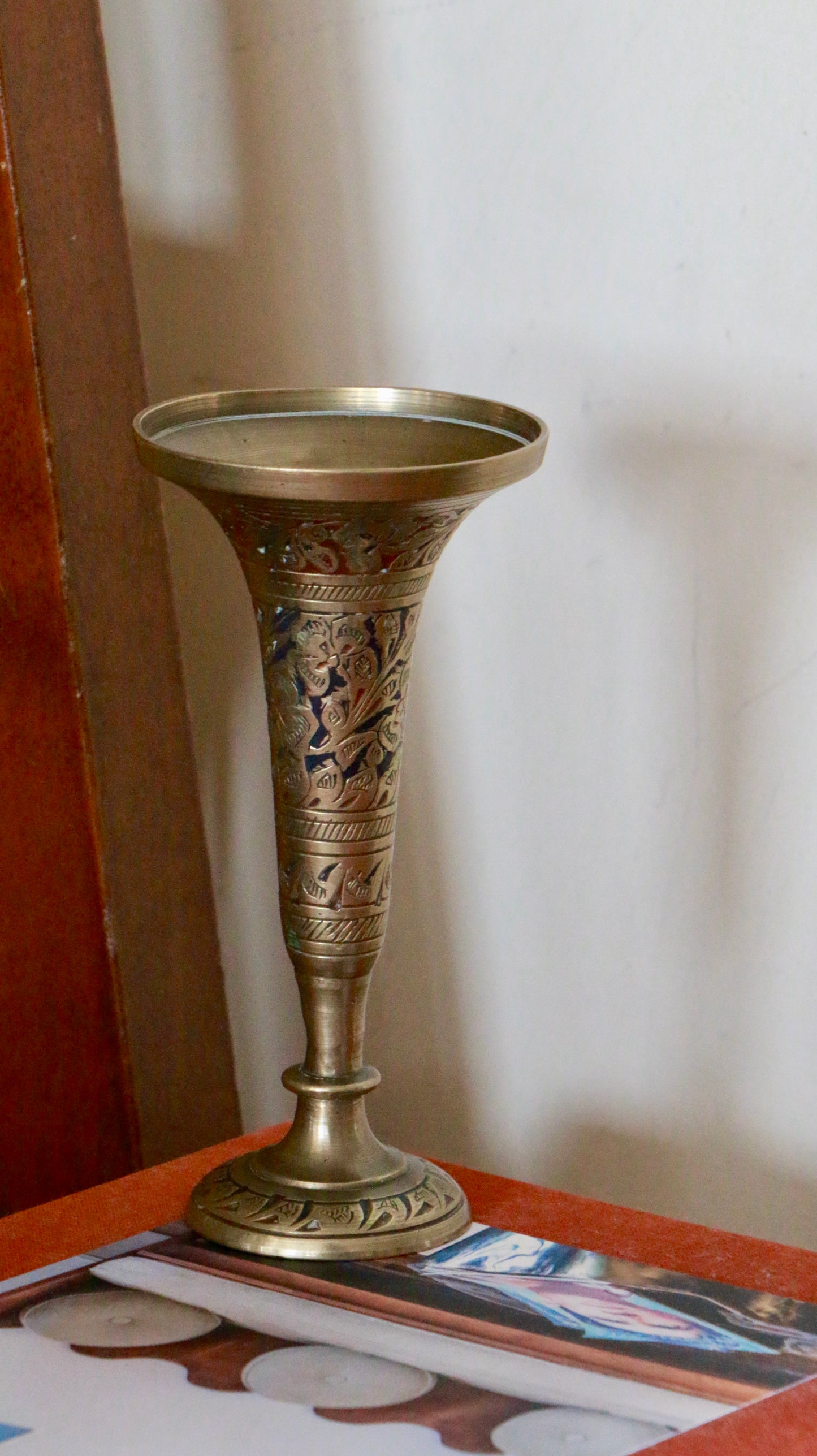 Vintage Etched Brass Bud Vase