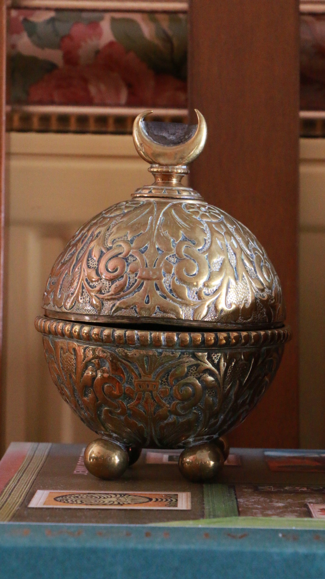 Vintage Brass Lidded Trinket Box with Crescent Moon Finial