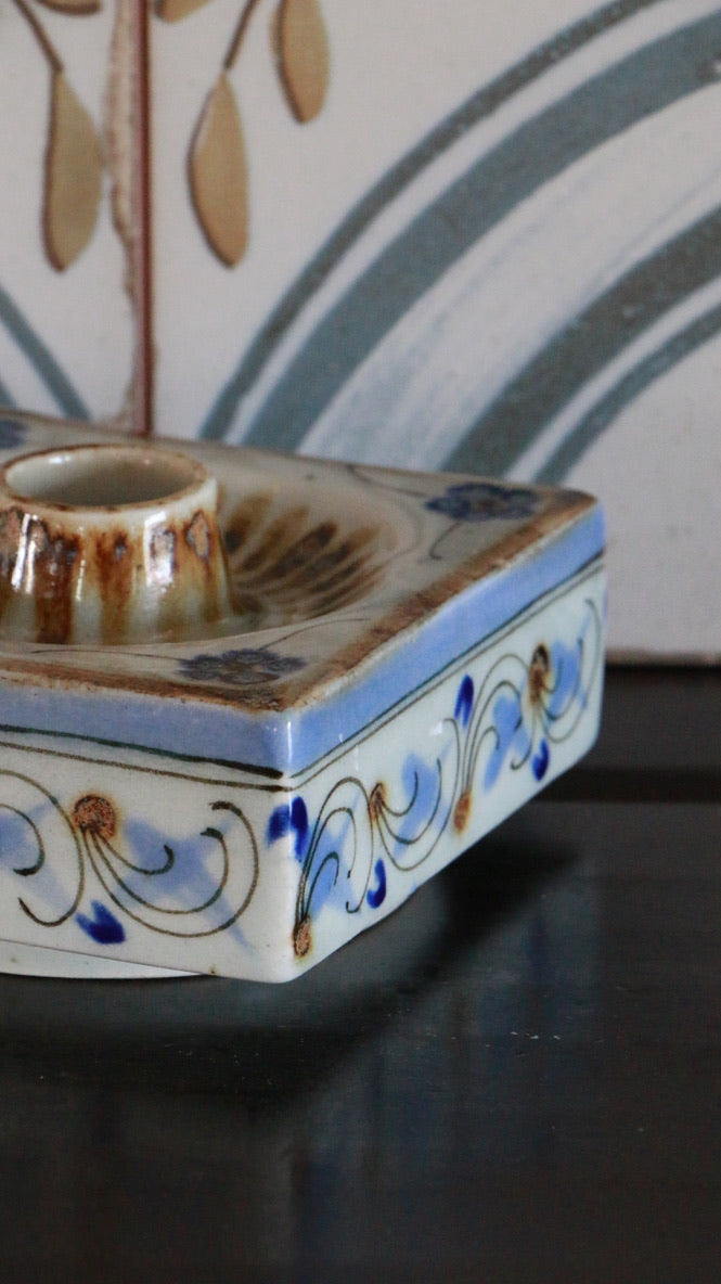 El Palomar Ken Edwards Mexican Pottery Blue Floral Swirls Square Candleholder
