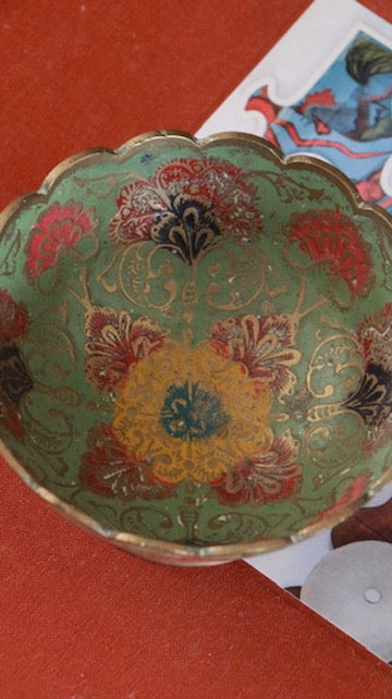 Vintage Brass Enamel Scalloped Bowl with Floral Motif
