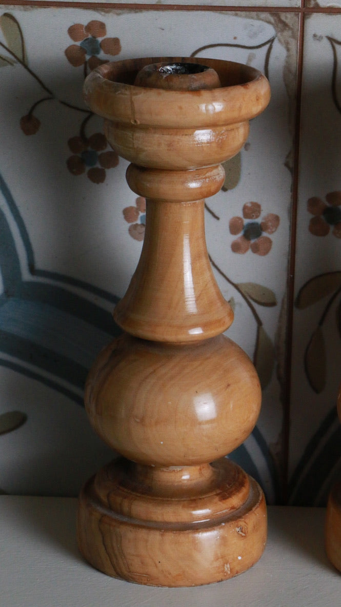 Pair of Vintage Hand-Turned Wooden Candlesticks
