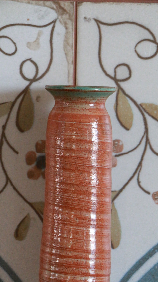 Tall Spiral Rust & Green Pottery Vase Signed Ros
