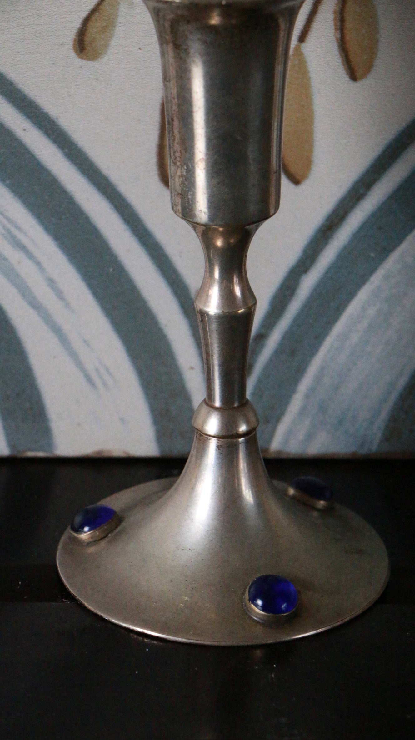 Vintage Silver Plated Candle Holder with Blue Glass Accents
