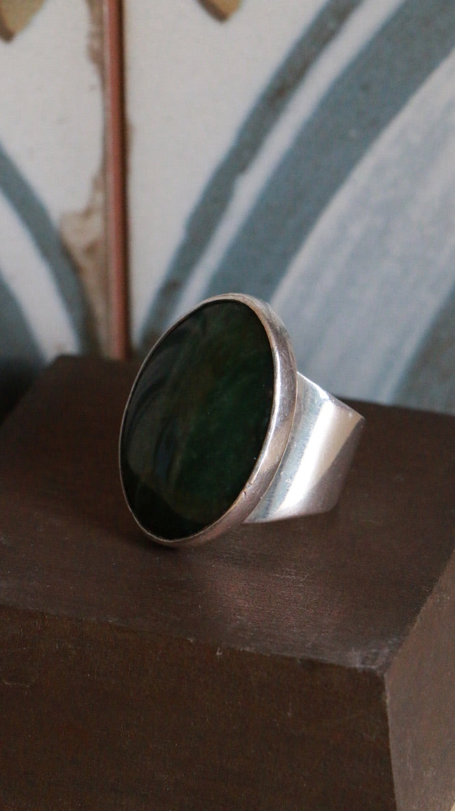 Nephrite Jade Vintage Sterling Silver Modernist Ring