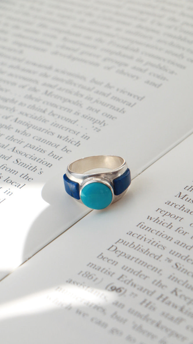 Navajo Sterling Silver Ring with Turquoise & Lapis – Signed Silver Cloud