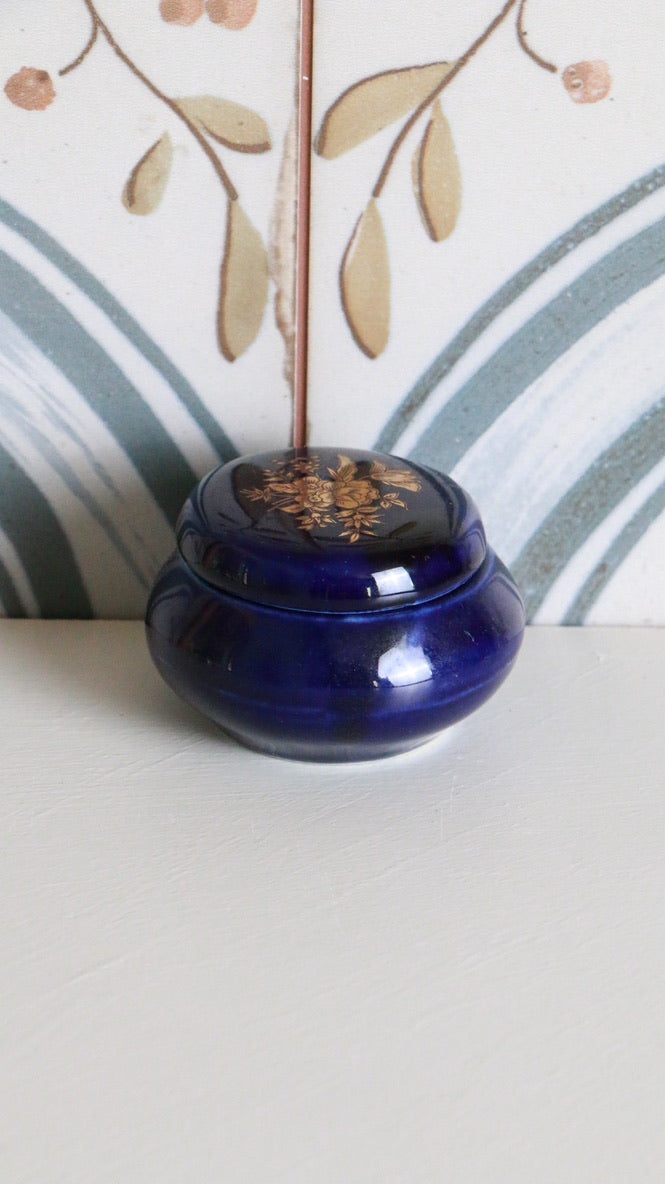 Vintage Cobalt Blue Glass Trinket Box with Gold Floral Detail