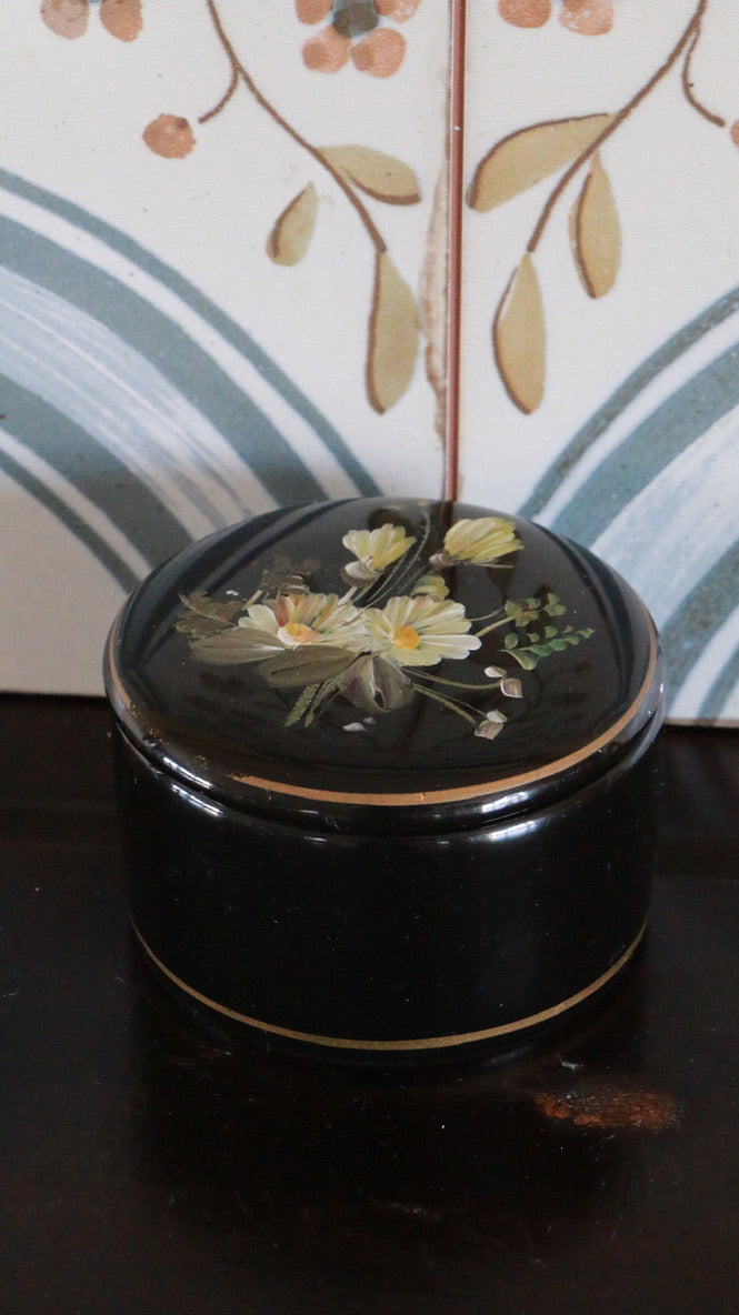 Antique Portugal Hand Painted Floral Black Porcelain Trinket Box