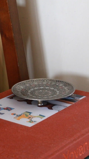 Vintage Engraved Brass Pedestal Dish