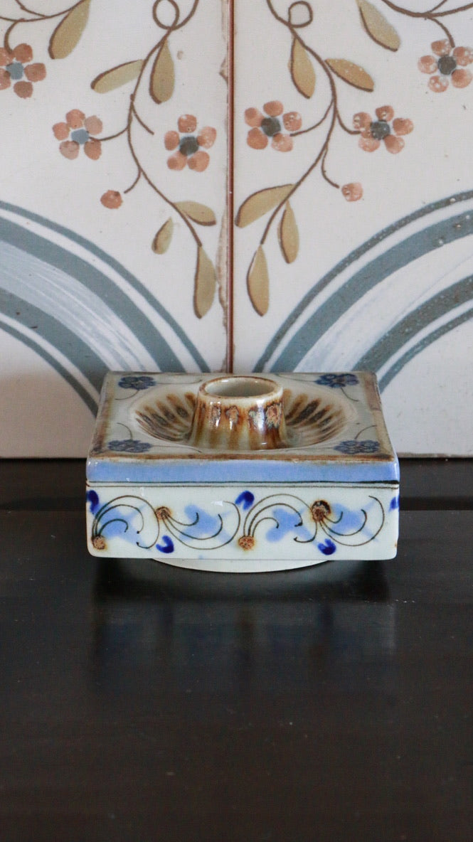 El Palomar Ken Edwards Mexican Pottery Blue Floral Swirls Square Candleholder