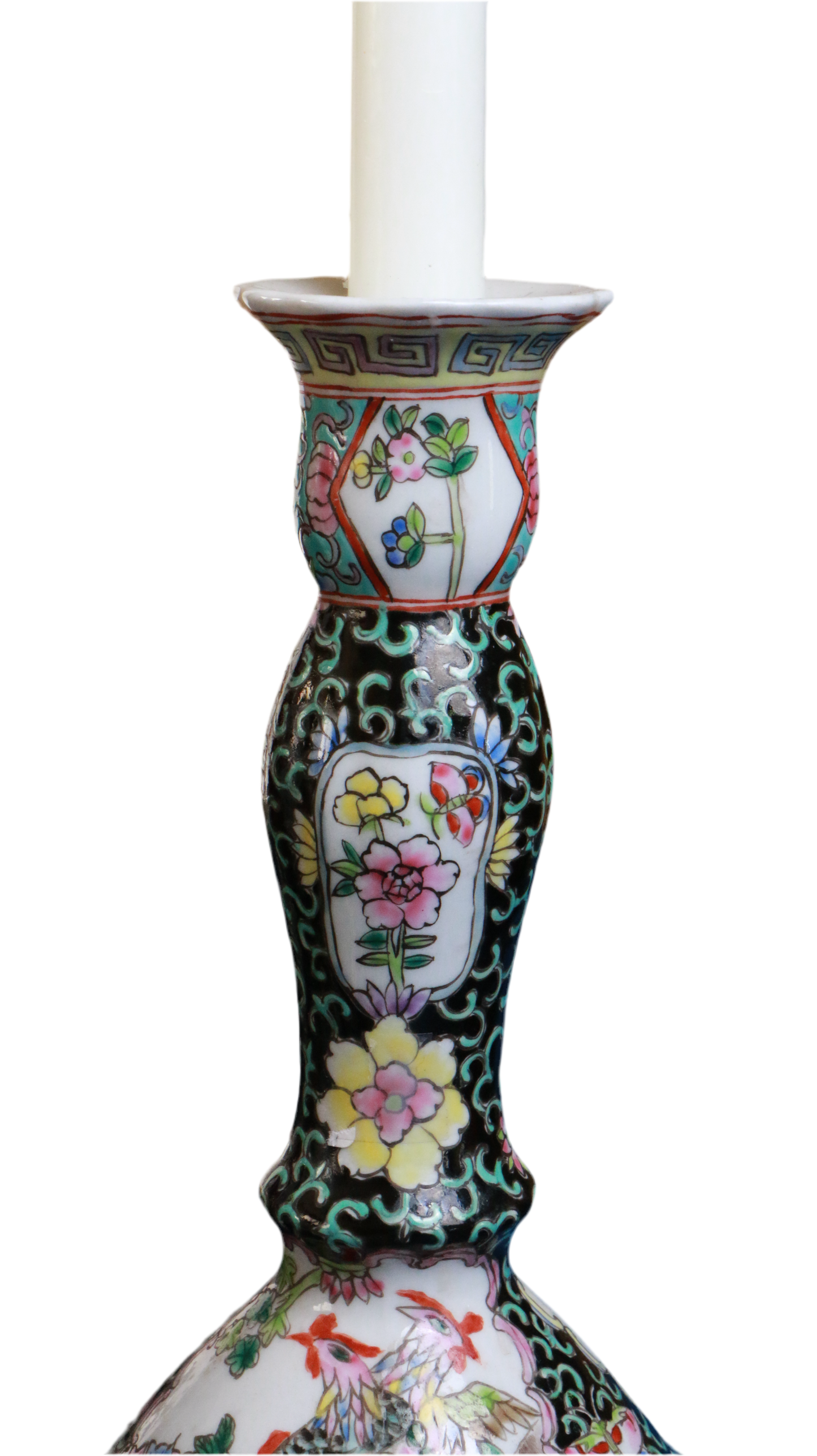 Antique Hand-Painted Porcelain Candlestick Holder – Floral & Bird Motif