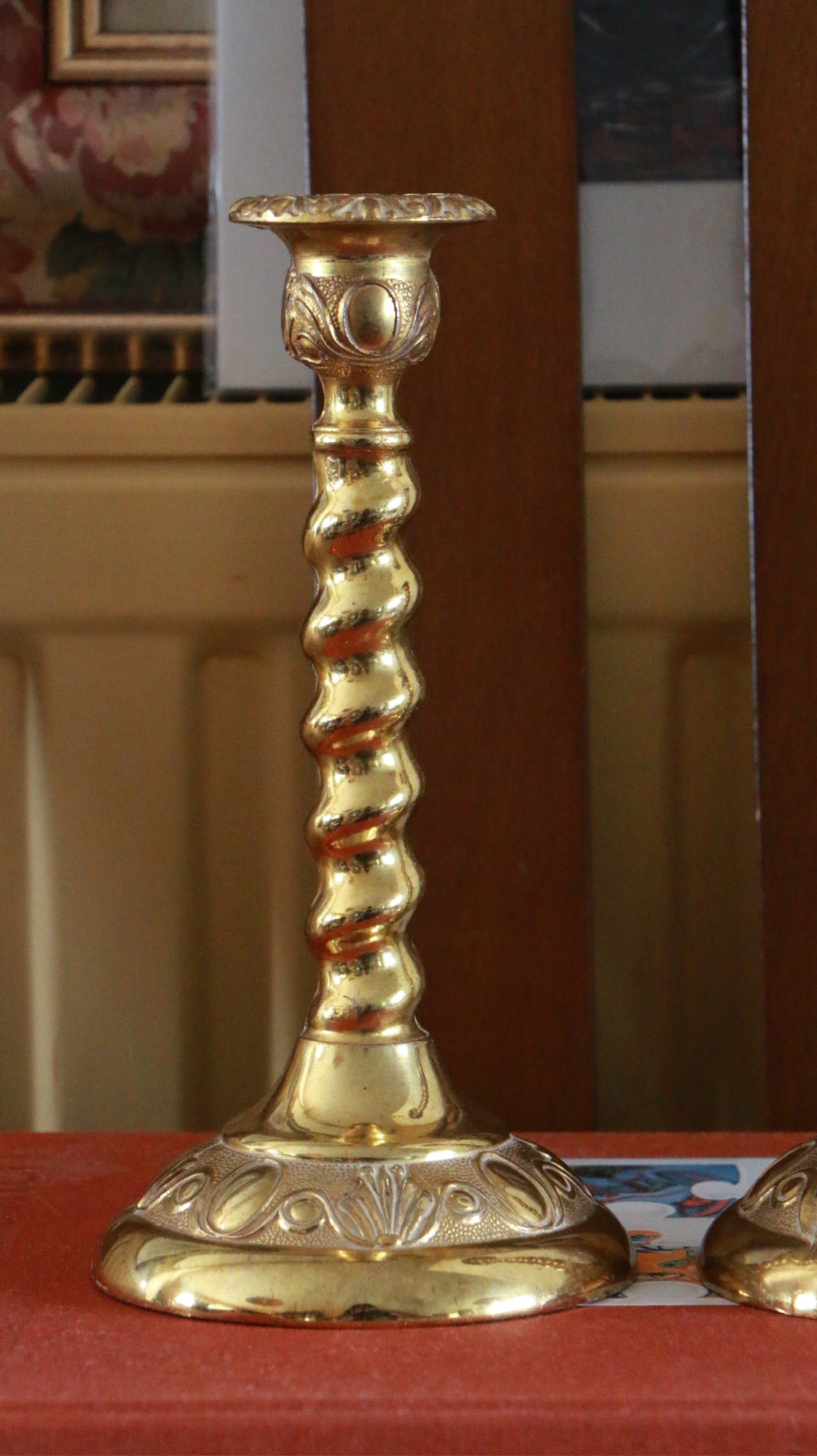 Pair of Vintage Brass Barley Twist Candlesticks – Ornate Embossed Base
