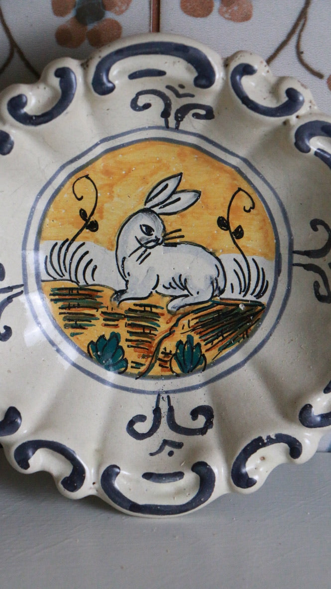 Vintage Hand-Painted Rabbit Motif Ceramic Plate