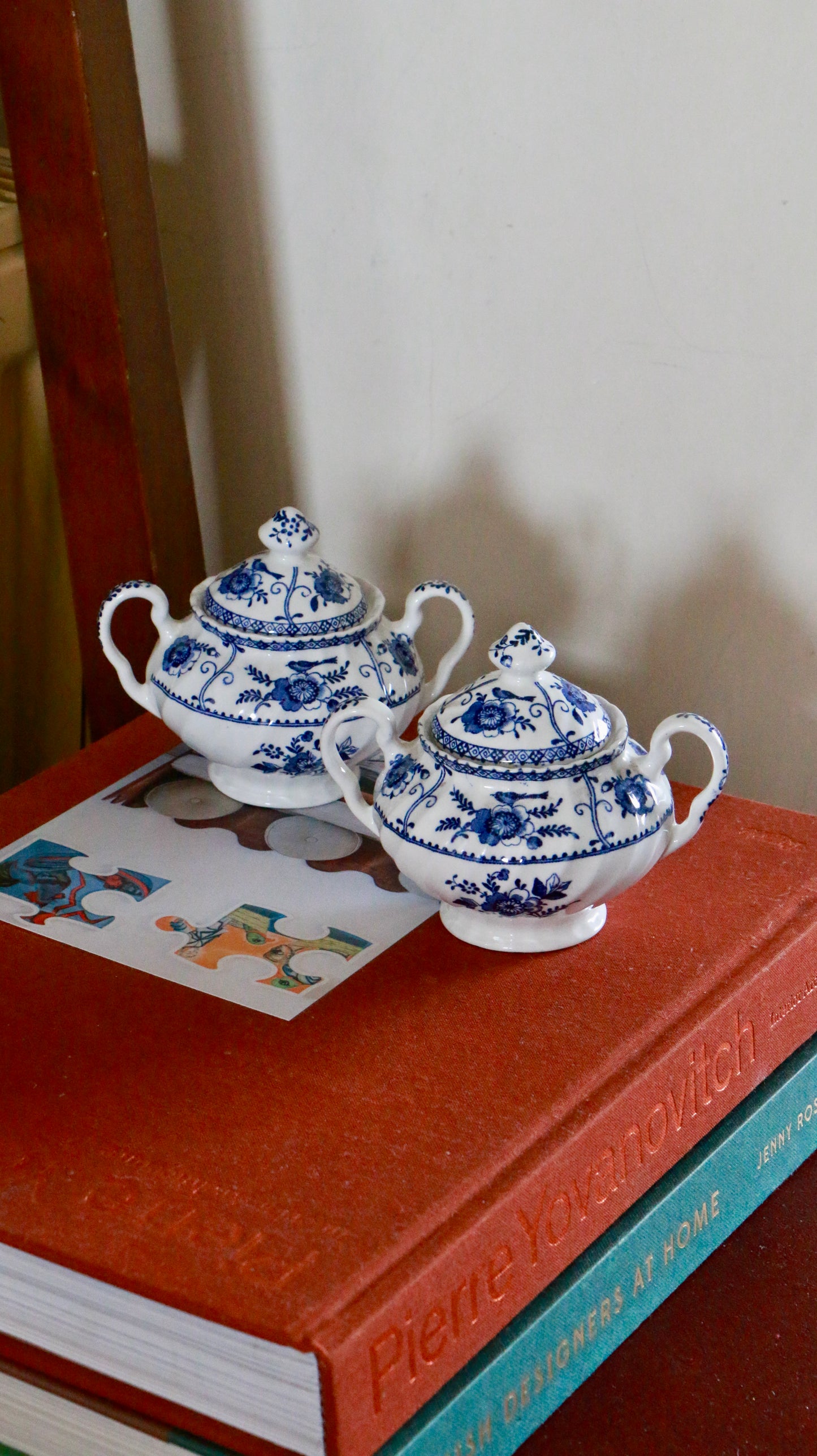 2x 1940s Indies Blue by Johnson Brothers Sugar Bowls with Lids