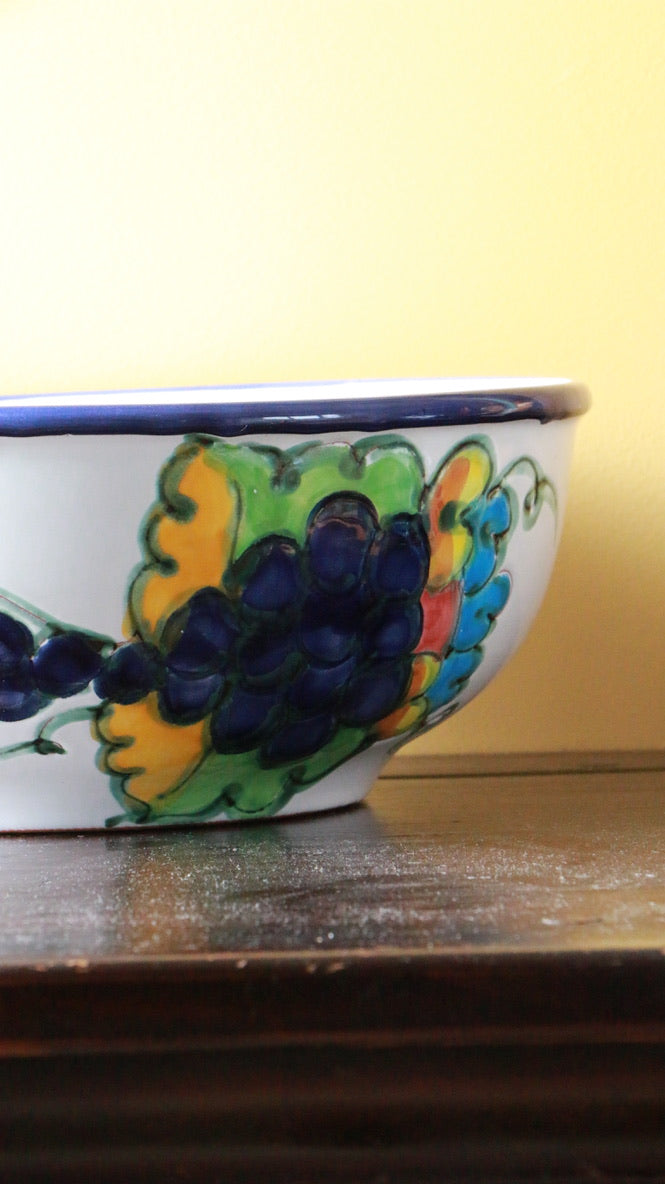 Vintage Hand-Painted Ceramic Bowl Signed "Celina" – Floral & Grape Motif