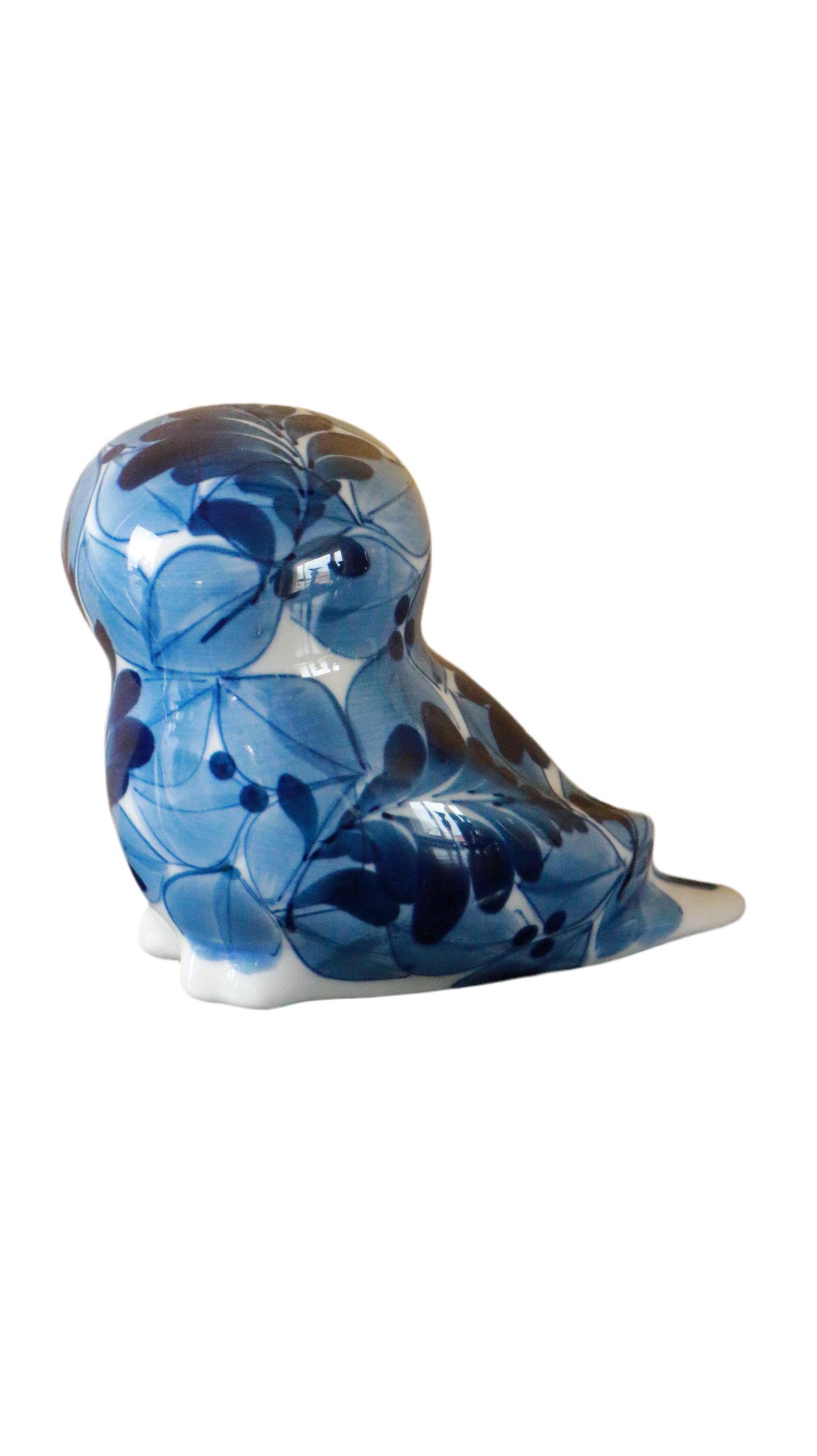 Vintage Blue & White Hand-Painted Ceramic Owl Figurine Unsigned