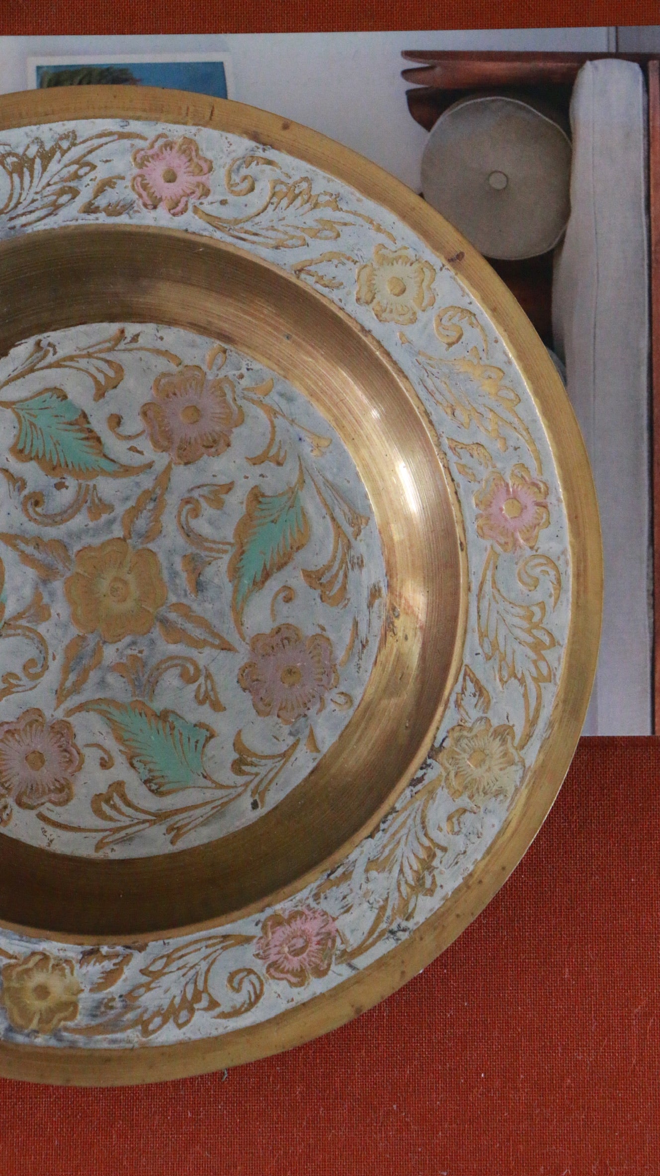 Vintage Indian Hand-Painted Brass Hanging Plate with Floral Motif