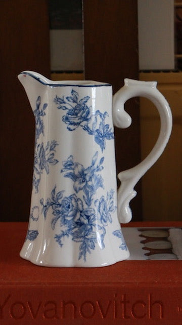 Vintage Blue and White Floral Transferware Jug with Floral & Bird Motif