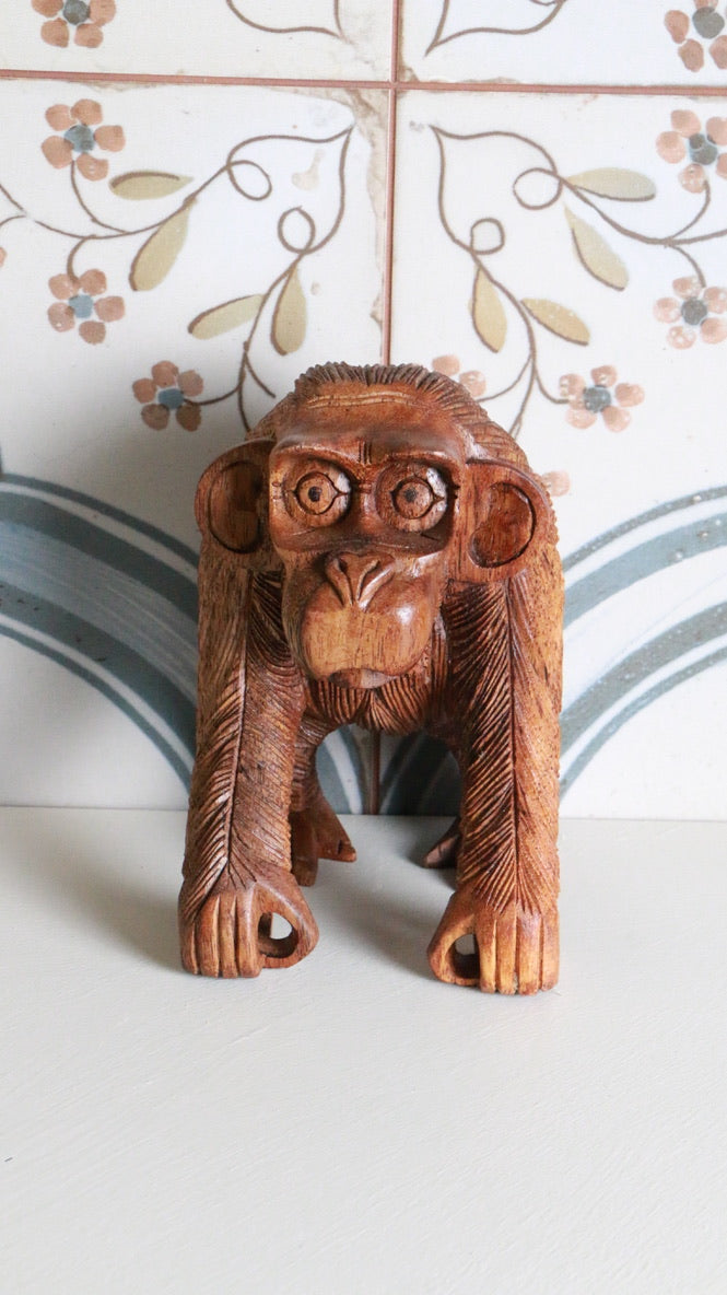 Hand-Carved Vintage Wooden Chimpanzee