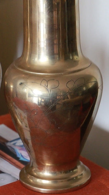 Pair of Vintage Brass Vases with Floral Etching