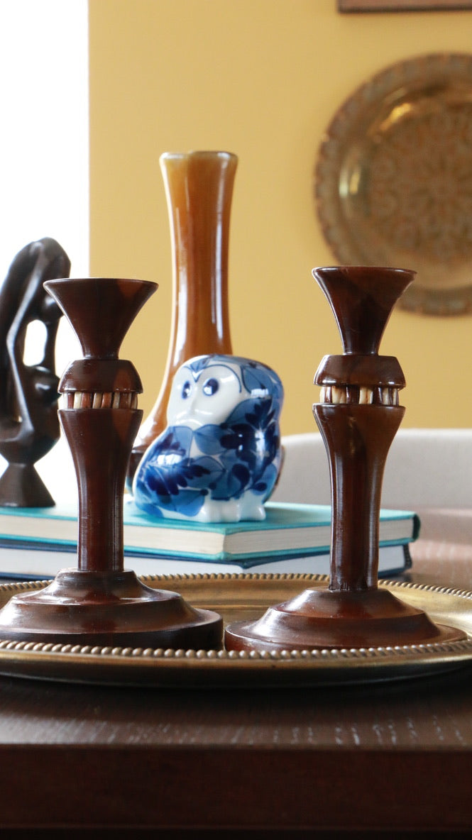 RARE Handcrafted Wooden & Porcupine Quill Inlay Candleholders – Pair