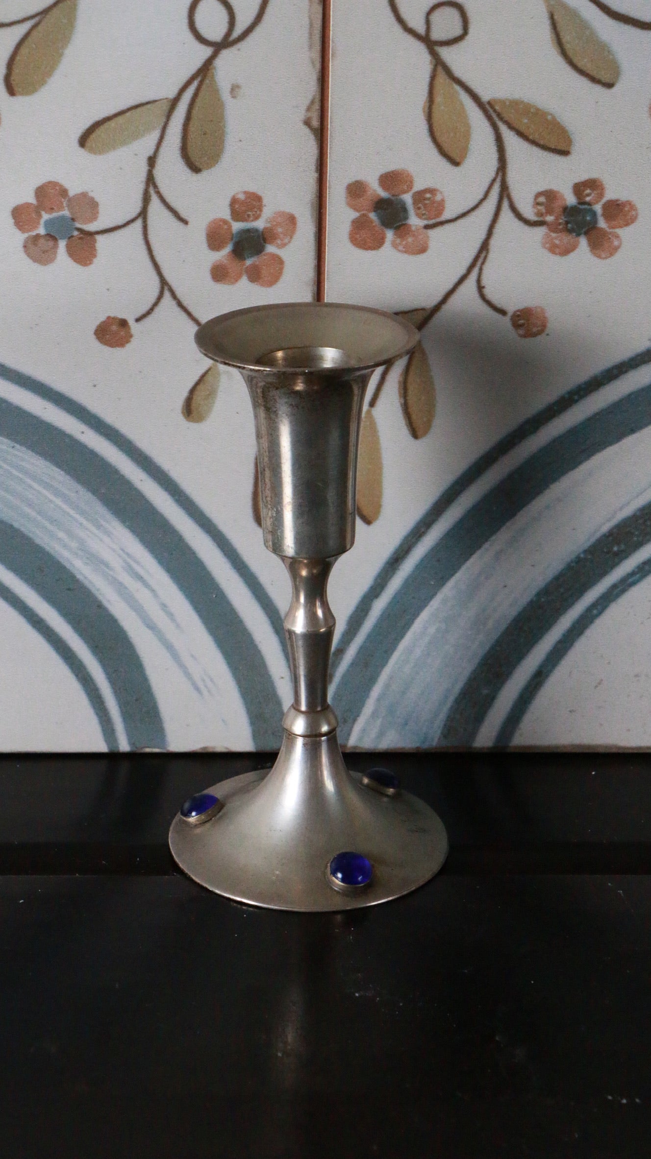 Vintage Silver Plated Candle Holder with Blue Glass Accents